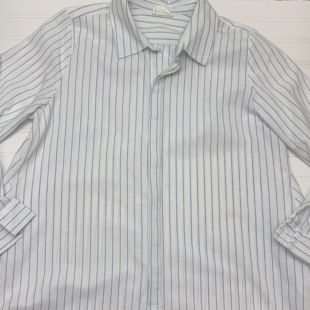 Love and Harmony white and blue striped button front tunic L